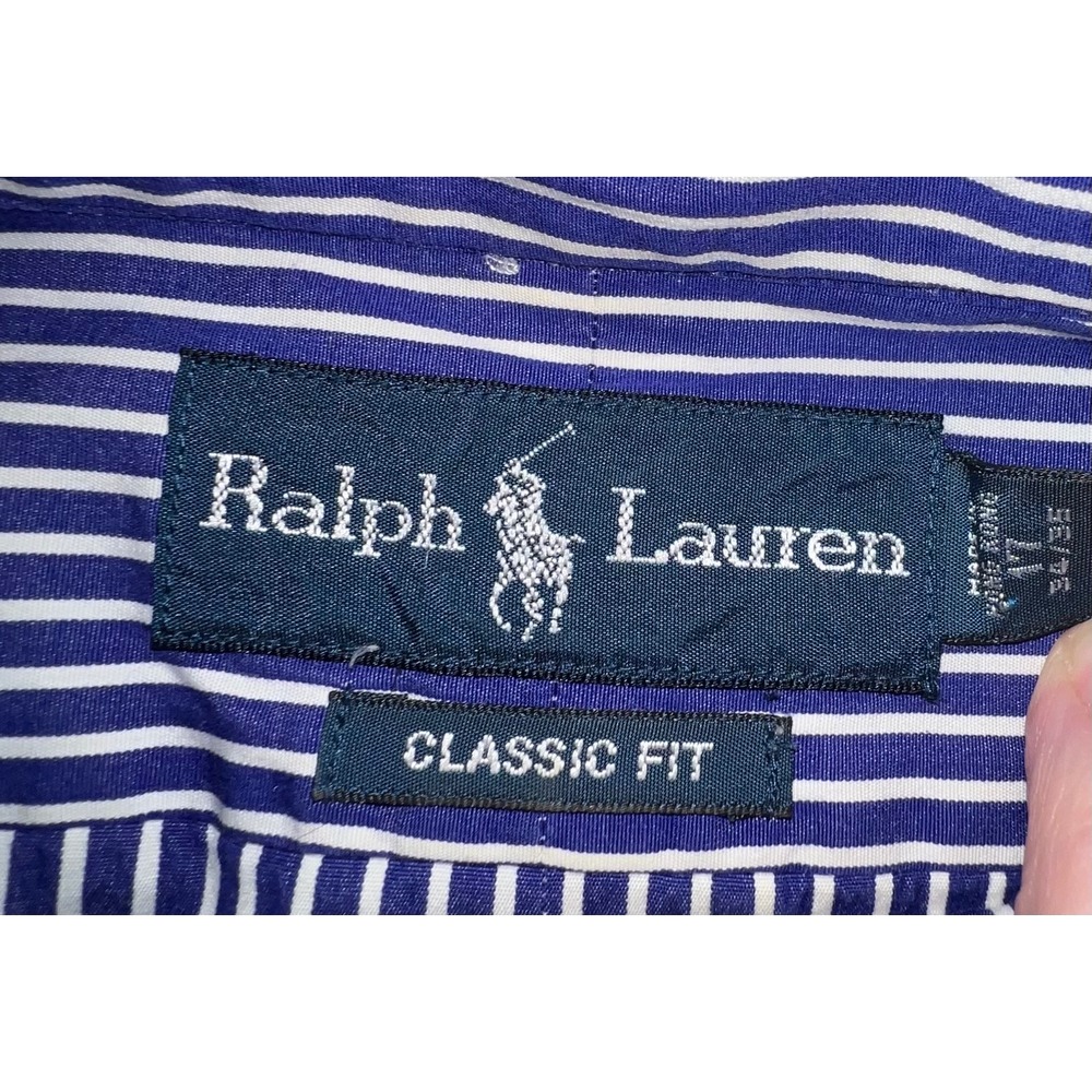 Ralph Lauren Mens Classic Fit Striped Button Down Shirt Navy Blue White 17 34/35 - Picture 4 of 7